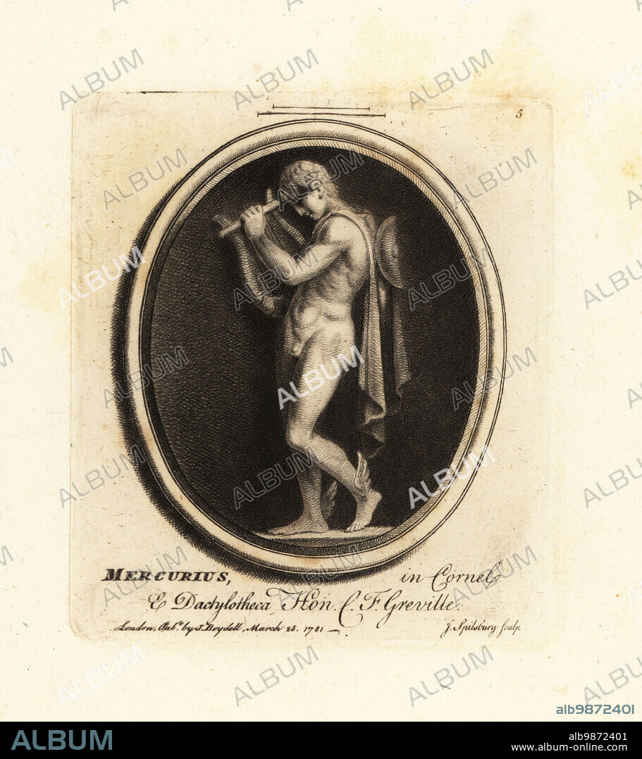 Portrait of Mercury, Roman god of commerce and communication with lyre, petasos, cloak and winged ankles. In cornelian and dactylotheca. From the collection of antiquarian Charles Francis Greville. Mercurius in Cornel. & Dactylotheca. Mezzotint copperplate engraving by John Spilsbury from his Collection of Fifty Prints from Antique Gems, John Boydell, London, 1785.