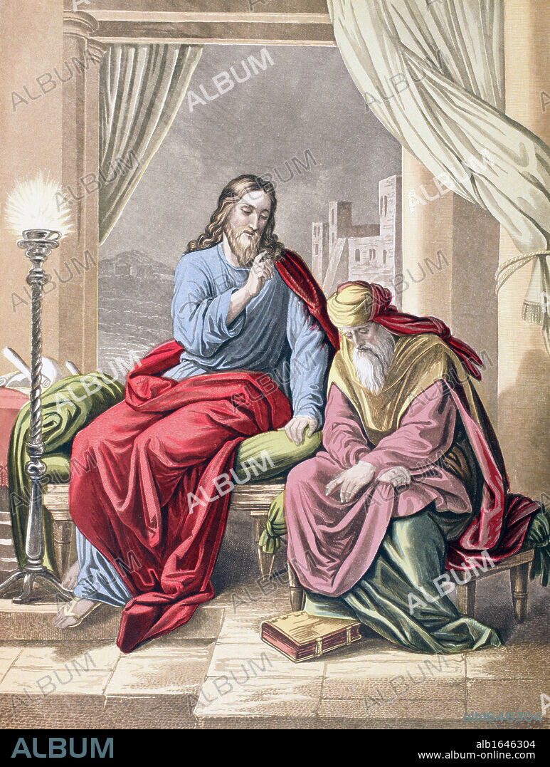 Jesus with the Pharisee Nicodemus. From The Holy Bible published by William Collins, Sons, & Company in 1869. Chromolithograph by J.M. Kronheim & Co.