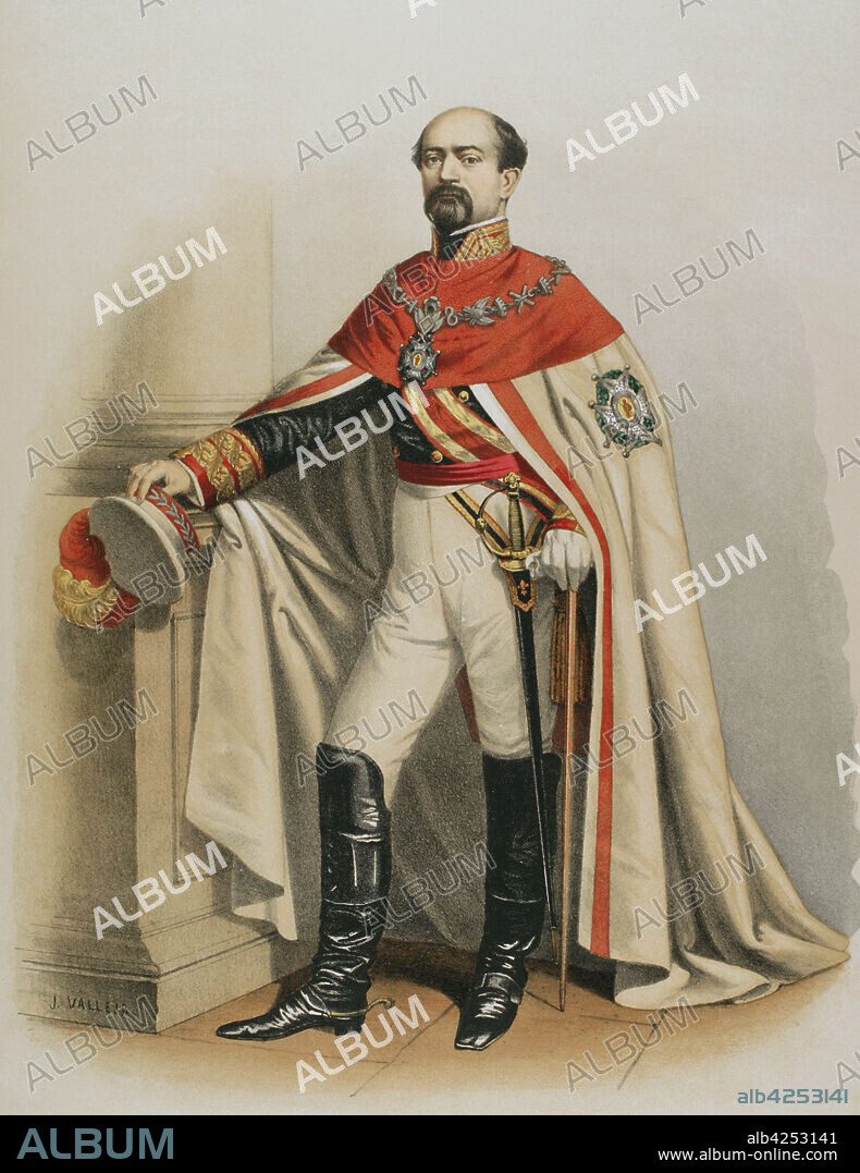 Caballero en traje de ceremonia y con la Gran Cruz de la Real y Militar Orden de San Fernando, conocida también como Laureada de San Fernando. La más preciada condecoración militar del Reino de España. Cromolitografía. La orden fue establecida por las Cortes de Cádiz en 1811 para honrar la heroica lucha contra el ejército napoleónico. El general Manuel Pavía y Lacy (1814-1896) con la capa y colgante de la orden. Historia de las Ordenes de Caballería y de las Condecoraciones Españolas. Madrid, 1865. España.