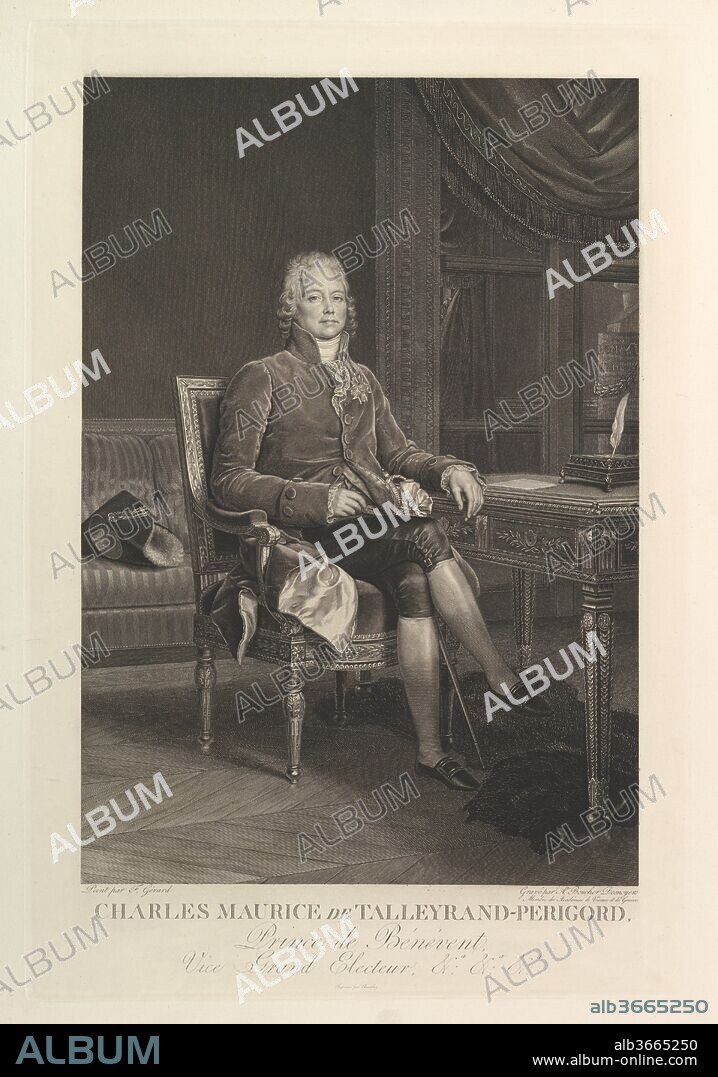 AFTER BARON FRANÇOIS GÉRARD and AUGUSTE GASPARD LOUIS BOUCHER DESNOYERS. Portrait of Charles Maurice de Talleyrand-Périgord. Artist: Auguste Gaspard Louis Boucher Desnoyers (French, Paris 1779-1857 Paris); After baron François Gérard (French, Rome 1770-1837 Paris). Dimensions: image: 19 3/4 x 13 9/16 in. (50.1 x 34.5 cm)
plate: 23 3/4 x 16 1/8 in. (60.3 x 41 cm)
sheet: 27 3/8 x 19 15/16 in. (69.5 x 50.6 cm). Date: after 1808.