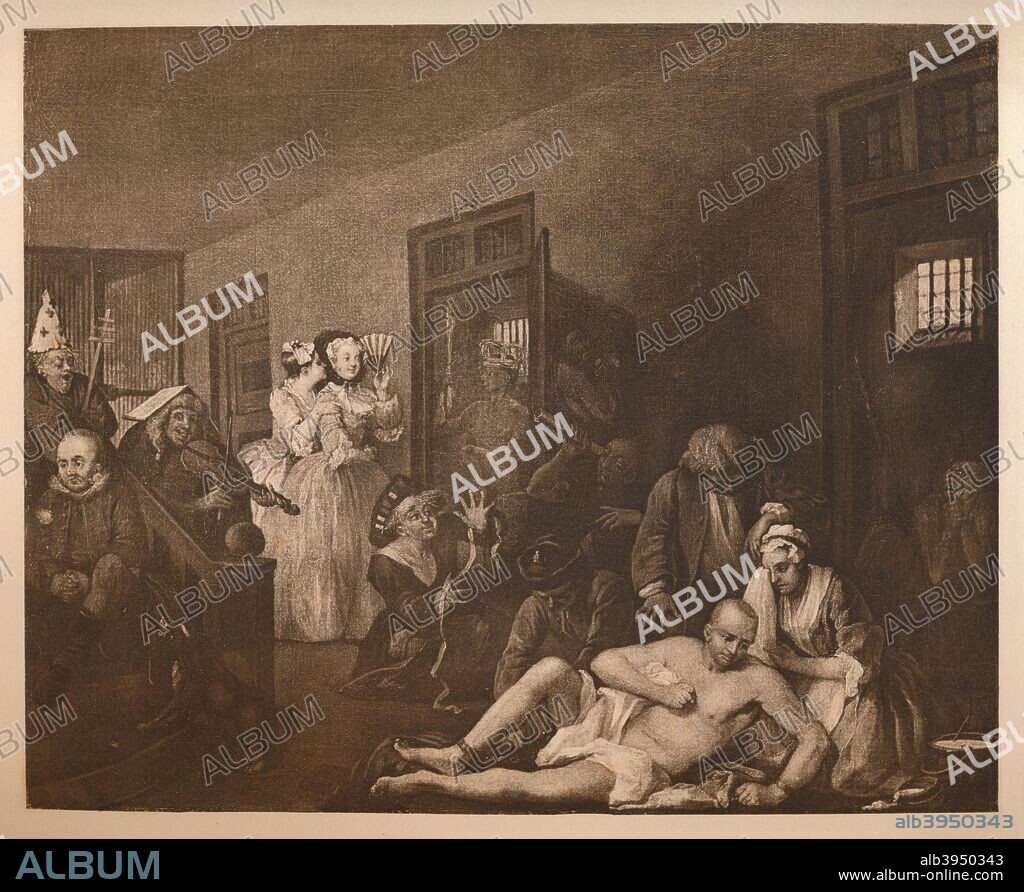 'A Rake's Progress - 8: The Mad House', 1733. True to his nature Tom Rakewell has run through a vast fortune through indulgence in all the luxuries of modern living. He has lived riotously, both gambling and whoring. He has married a rich old widow and been ruined a second time. Now the rake is raving mad and shackled for his own safety in Bedlam, the London lunatic asylum. He is comforted by Sarah Young, the poor girl that he had seduced with a false promise of marriage while he was a student at Oxford. Behind, two fashionable women have come to view the hospital's inmates. From William Hogarth, by Austin Dobson. [Hachette Et Cie, Paris, 1904].