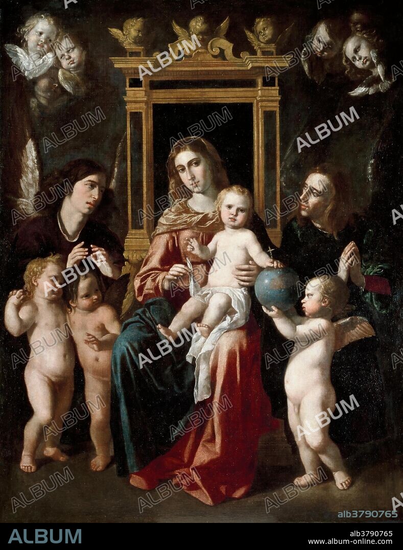 JERÓNIMO JACINTO DE ESPINOSA. Jerónimo Jacinto Espinosa / 'La Virgen con el Niño en un trono con ángeles'. Hacia 1661. Óleo sobre lienzo, 191,5 x 148 cm.