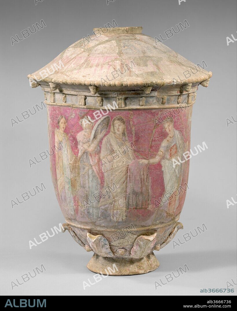 Terracotta vase. Culture: Greek, Sicilian, Centuripe. Dimensions: H. 15 1/2 in. (39.4 cm). Date: 3rd-2nd century B.C..
Four women
A fundamental feature of Greek ceramics and their offshoots is that they could be used. By contrast, this vase, with its lid fixed onto the body, serves a purely symbolic function. It belongs to a class of pieces associated with the site of Centuripe in Sicily. They are characterized by elaborate and delicate applied decoration and by refined polychromy executed after firing. The scene shows a bride surrounded by attendants. The vase was made for the tomb.