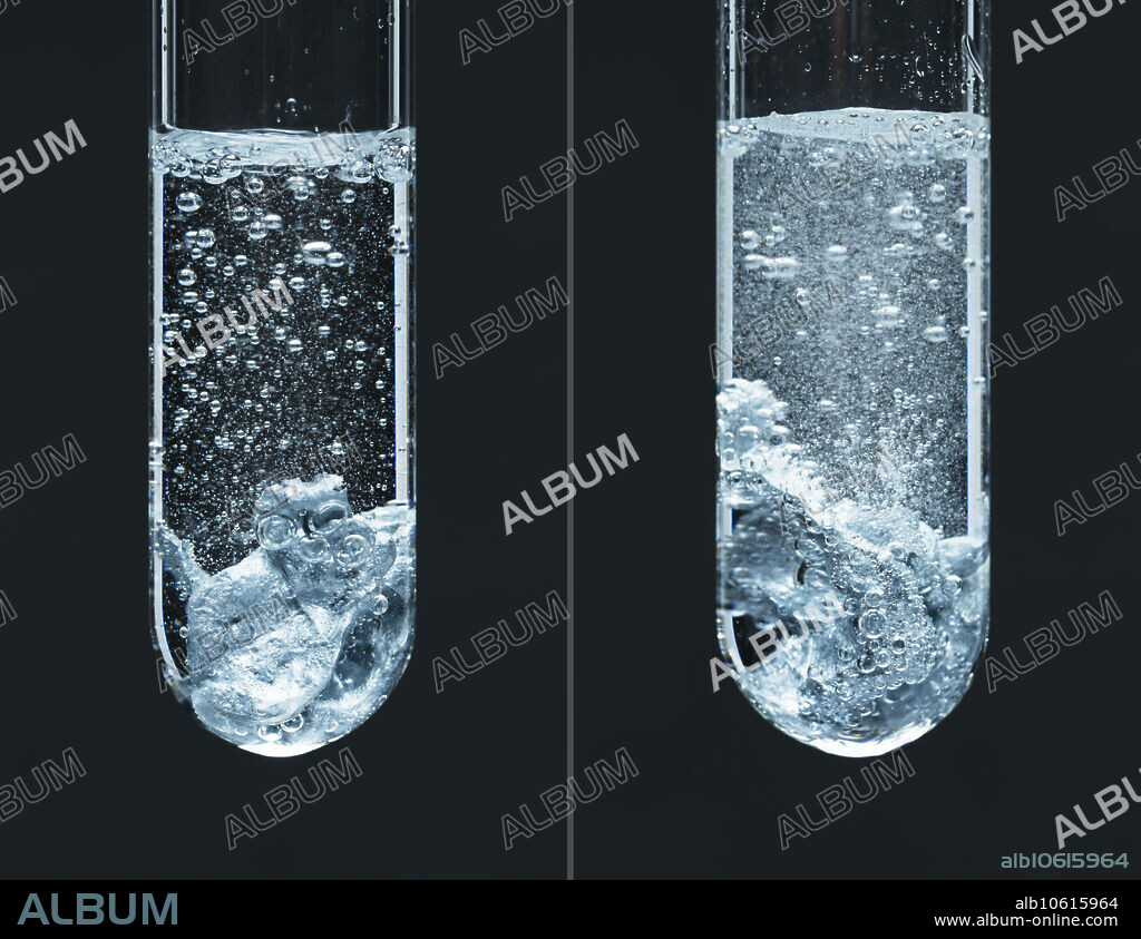 Reaction rates. Reaction rate increases with concentration of reactants. This effect is demonstrated here using the reaction of zinc metal (Zn) with hydrochloric acid (HCl, left) and sulfuric acid (H2SO4, right), both 3M molar concentration. Both acids completely dissociate in an aqueous solution. For the same molar concentration, sulfuric acid produces twice as many hydronium ions (H3O+) compared to hydrochloric acid. Hydrogen (H2) bubbles are produced in the respective reactions: Zn + HCl -> ZnCl2 + H2 and Zn + H2SO4 -> ZnSO4 + H2. The reaction is visibly more vigorous (higher reaction rate) in the right test tube (sulfuric acid) than in left test tube (hydrochloric acid).