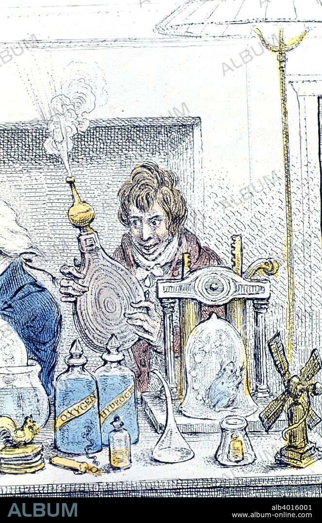 Humphry Davy, British chemist and inventor, 1802. Davy (1778-1829) discovered the anaesthetic effects of laughing gas (nitrous oxide). In 1801 he was appointed lecturer at the Royal Institution, where he investigated, with his assistant Michael Faraday (1791-1867), his theory of volcanic action. Using electrolysis, Davy isolated the metals barium, calcium, magnesium, potassium, sodium and strontium, as well as proving that chlorine was a chemical element. He is probably best known for his invention in 1815 of the miners' safety lamp, which enabled deeper, more gaseous seams to be mined without risk of explosion. Detail from a Gillray cartoon, New Discoveries in Pneumatics, showing Davy demonstrating the effects of laughing gas to a meeting of the Royal Institution, London.