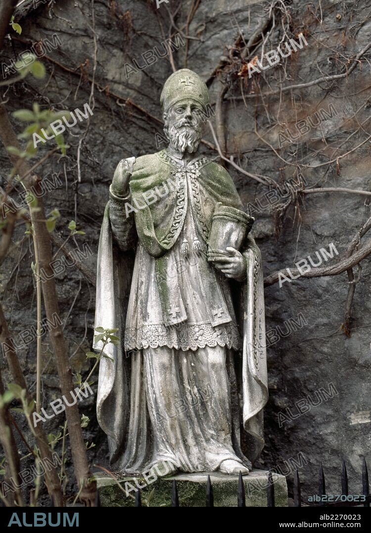 Saint Rupert of Salzburg (660-710 AD). Bishop of Worms. First Bishop of Salzburg. Statue of the Saint holding a container of salt and wearing a clerical clothes. Ruprechtskirche. Vienna, Austria.