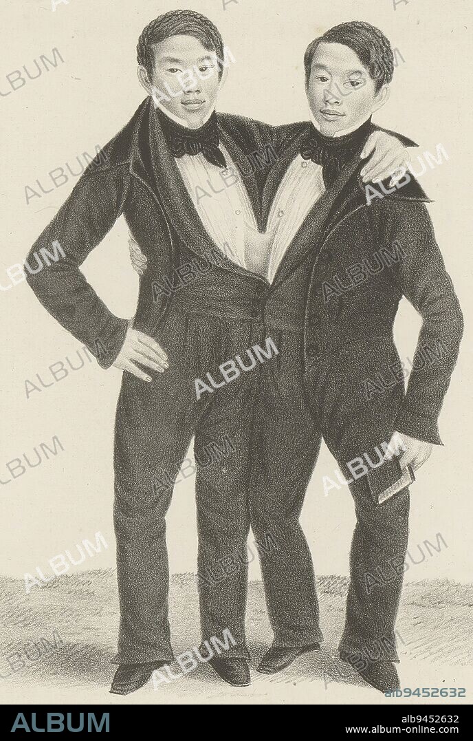 Portrait of Chang and Eng Bunker, anonymous, Ruurt de Vries, 1834 - 1874, Portrait of Siamese twins Chang and Eng Bunker., print maker: anonymous, printer: Ruurt de Vries, (mentioned on object), Amsterdam, 1834 - 1874, paper, h 355 mm - w 255 mm.