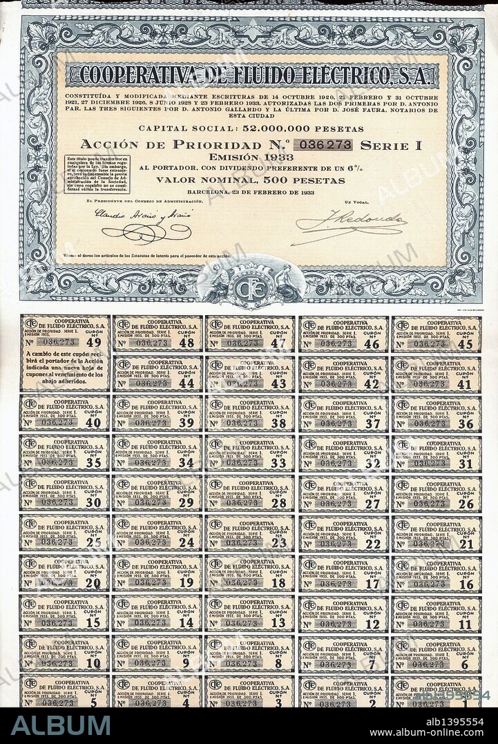 Acción de 500 pesetas de la Cooperativa de Fluido Eléctrico S.A., emitida en Barcelona, 23 de febrero de 1933.