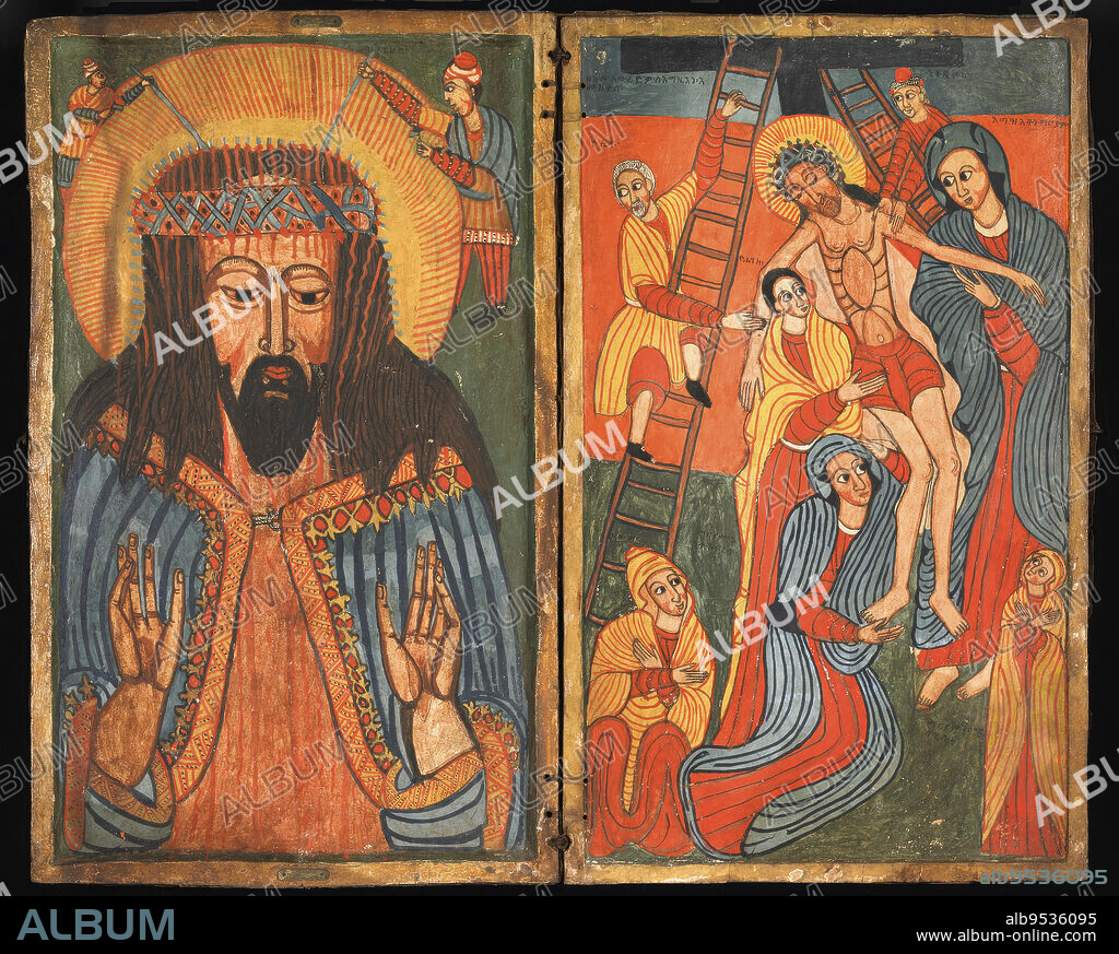 Diptych with a half figure of Christ crowned with thorns, flanked by two small men in Turkish costume striking his head, Descent from the Cross with Mary twice, Joseph of Arimithea, Nicodemus, Salome and Elizabeth. The diptych icon has iron hinges, a hand hammered clasp and a leather bound back. Maker: Ethiopian Orthodox. Wood, paint, leather, iron. Date: After 1700.