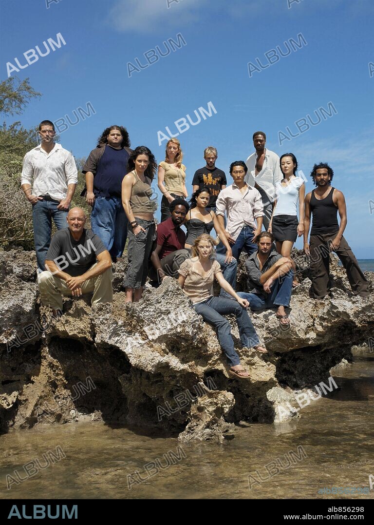 ADEWALE AKINNUOYE-AGBAJE, CYNTHIA WATROS, DANIEL DAE KIM, DOMINIC MONAGHAN, EMILIE DE RAVIN, EVANGELINE LILLY, HAROLD PERRINEAU JR, JORGE GARCIA, JOSH HOLLOWAY, MATTHEW FOX, MICHELLE RODRIGUEZ, NAVEEN ANDREWS, TERRY O'QUINN and YUNJIN KIM in LOST, 2004. Copyright ABC.