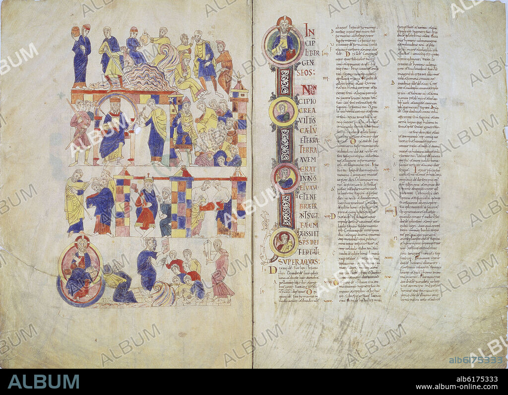ILUSTRACION MINIADA DE LA BIBLIA DE RIPOLL O BIBLIA DE FARFA - ESCENA DEL GENESIS - 1015/1020.