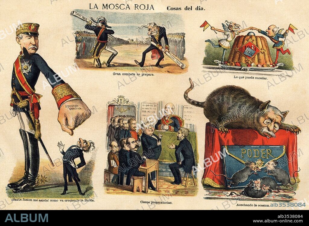 Ilustración satírico política publicada en La Mosca Roja, noviembre de 1882. Antonio Cánovas del Castillo (1828-1897), Práxedes Mateo Sagasta (1825-1903), y Segismundo Moret Prendergast (1833-1913), políticos enfrentados defendiendo las constituciones de 1869 y 1876.