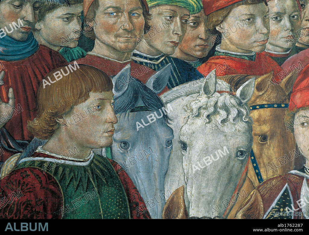 Magi Chapel. Journey of the Magi (The Magi Ride), by Benozzo di Lese di Sandro known as Benozzo Gozzoli, 1459, 15th Century, fresco,. Italy, Tuscany, Florence, Palazzo Medici-Riccardi. Right side fascia. Detail. East wall. Court of Jasper. Sigismondo Pandolfo Malatesta with horse heads.