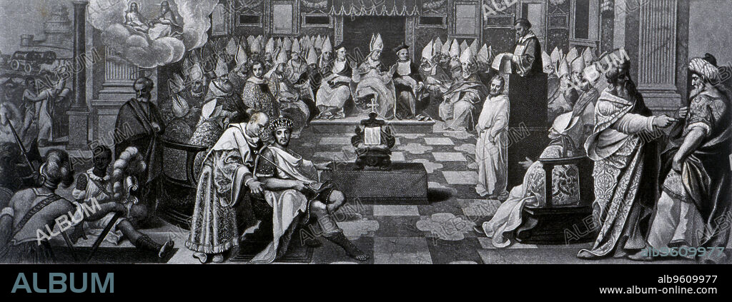 First Council of Nicaea, held in 325 under the pontificate of Pope Sylvester I and the reign of Constantine 'the Great', engraving on a fresco in the Vatican Library, engraver: Dujardin, printing: Lemercier et Cie. Paris, 1868.