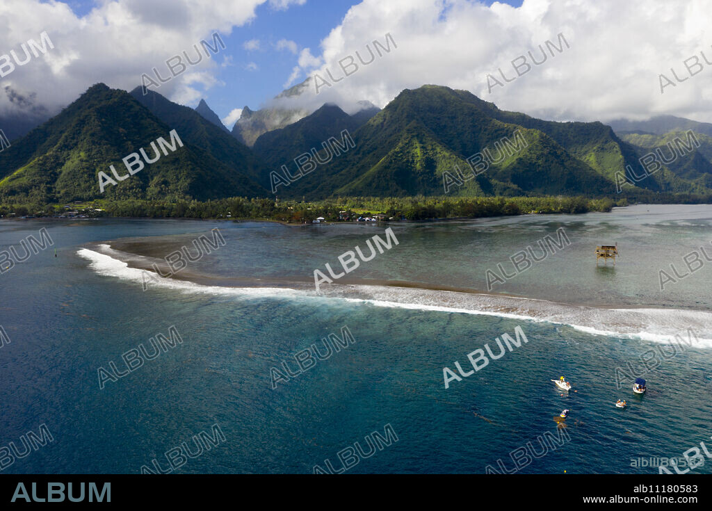 Aerial View of Teahupoo, Tahiti, French Polynesia.