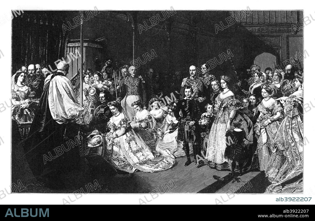 Marriage of the Princess Royal and Emperor Frederick III, 25 January 1858, (c1888). Victoria, Princess Royal, daughter of Queen Victoria, was married at the Chapel Royal, St. James's Palace. Illustration from The Life & Times of Queen Victoria, Vol II, by Robert Wilson, (c1888).