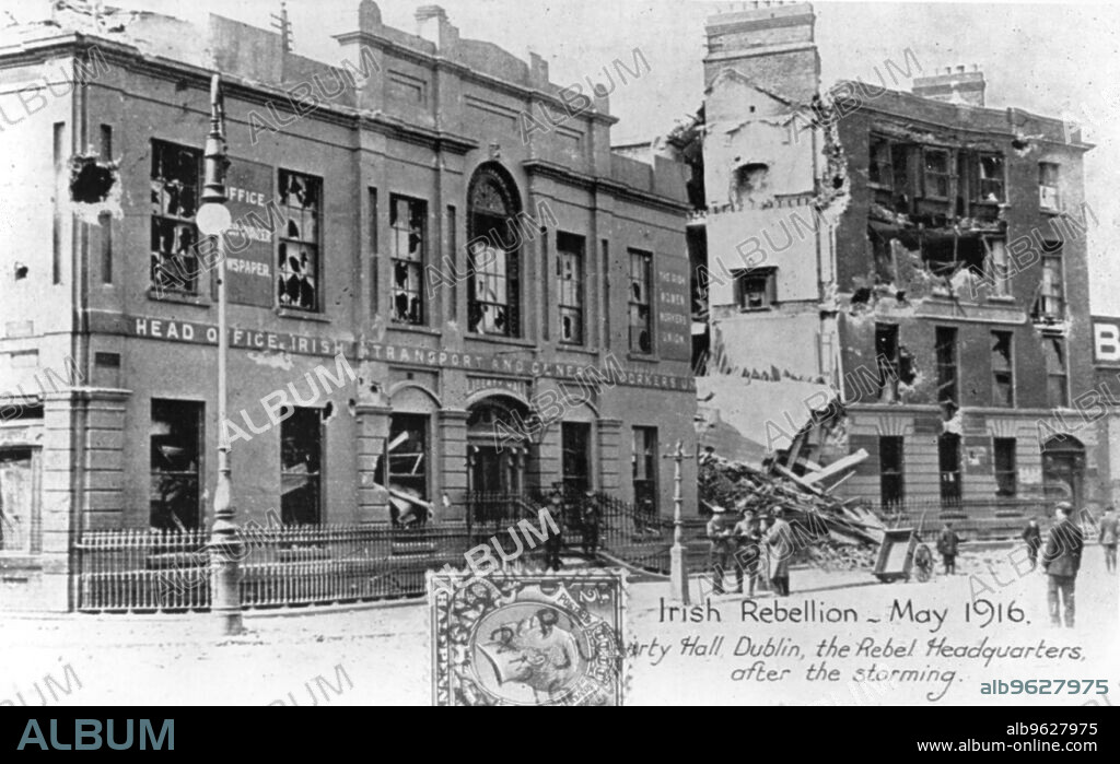 Ruins of the Rebel Headquarters, Anti-English Irish uprising, Dublin, May 1916. The Irish Transport & General Workers' Union building after storming by English troops. The rebellion on Easter Sunday, known as the Easter Rising, was organised by the Irish Republican Brotherhood, a descendent of the Fenians, Although it failed, the rising resulted in great propaganda for the Republican cause when the British executed its leaders.
