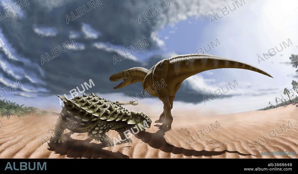 A Tarbosaurus dinosaur and an armored Saichania ankylosaurid in a prehistoric landscape.
