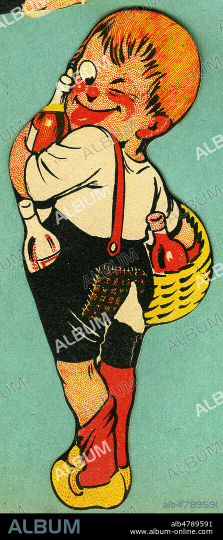 FRANCISQUE POULBOT. Garcon transportant des bouteilles. Personnage publicitaire vers 1925 pour une marque de vin. Illustration attribuee a POULBOT (1879-1946) figurine publicitaire articulee en carton. Credit : Collection IM/KHARBINE-TAPABOR.