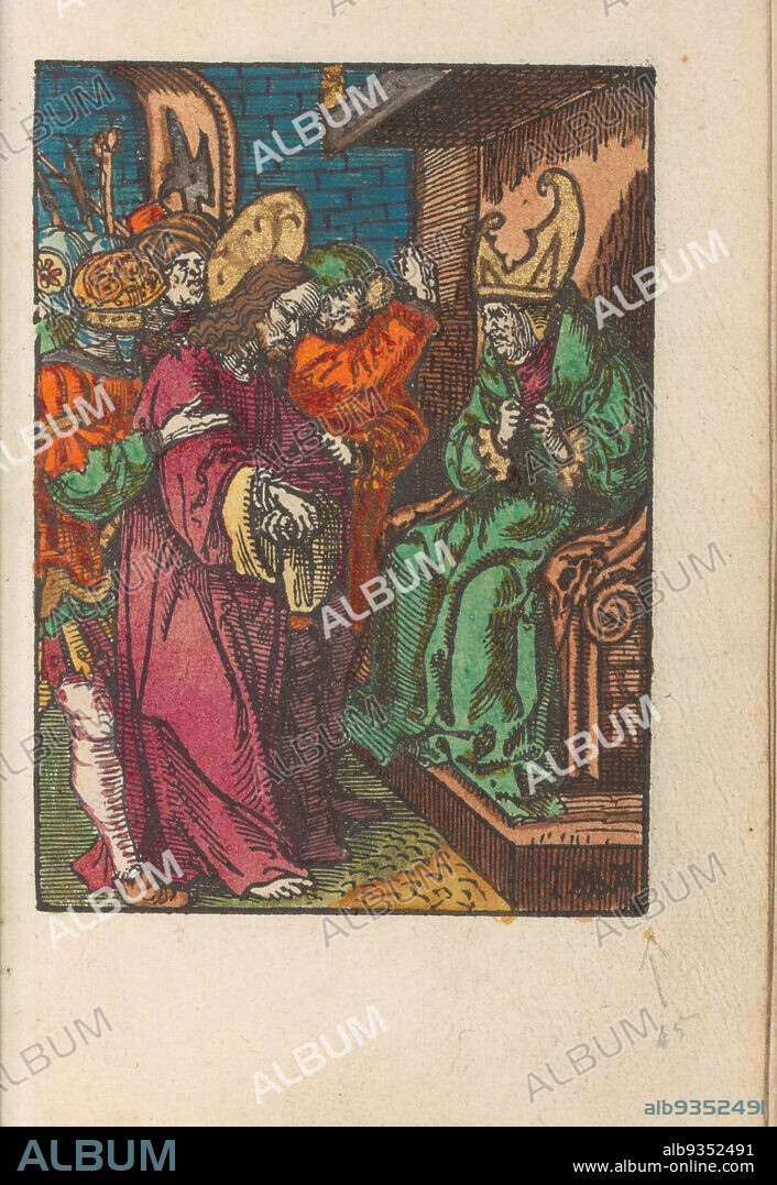 Christ before Caiaphas, The little Passion (series title), Stupid Passion (series title), Christ is brought before the high priest Caiaphas. Caiaphas is seated on a throne and is about to tear his robe with both hands. Print is part of a book., print maker: Jacob Cornelisz van Oostsanen (mentioned on object), publisher: Doen Pietersz., Amsterdam, 1521 and/or c. 1530, paper, height 111 mm × width 80 mmheight 159 mm × width 102 mm.