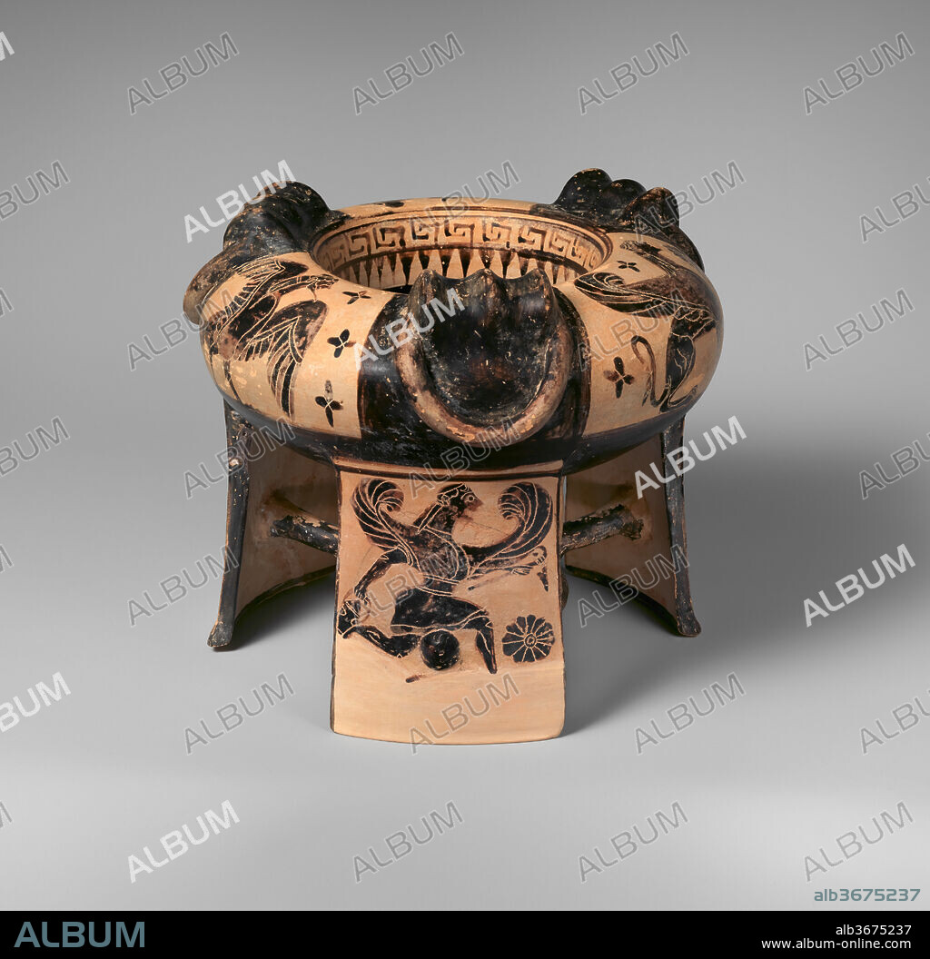 Terracotta tripod kothon (vessel for perfumed oil). Culture: Greek, Boeotian. Dimensions: H. 6 1/2 in. (16.5 cm)
diameter  7 1/8 in. (18.1 cm). Date: mid-6th century B.C..
On the body are a bearded siren, a sphinx, and a lion. The legs are decorated with two padded dancers, two men with spears, and a running winged figure representing Aristaios, a son of Apollo and the nymph Cyrene, who was well-known in Boeotia. Aristaios was celebrated for his agricultural discoveries and for his gifts to mankind. Here he holds a mattock in his left hand and a small pot in his right. The mattock would have been used to cover the newly sown seeds with soil to protect them from birds; the pot may contain seed.