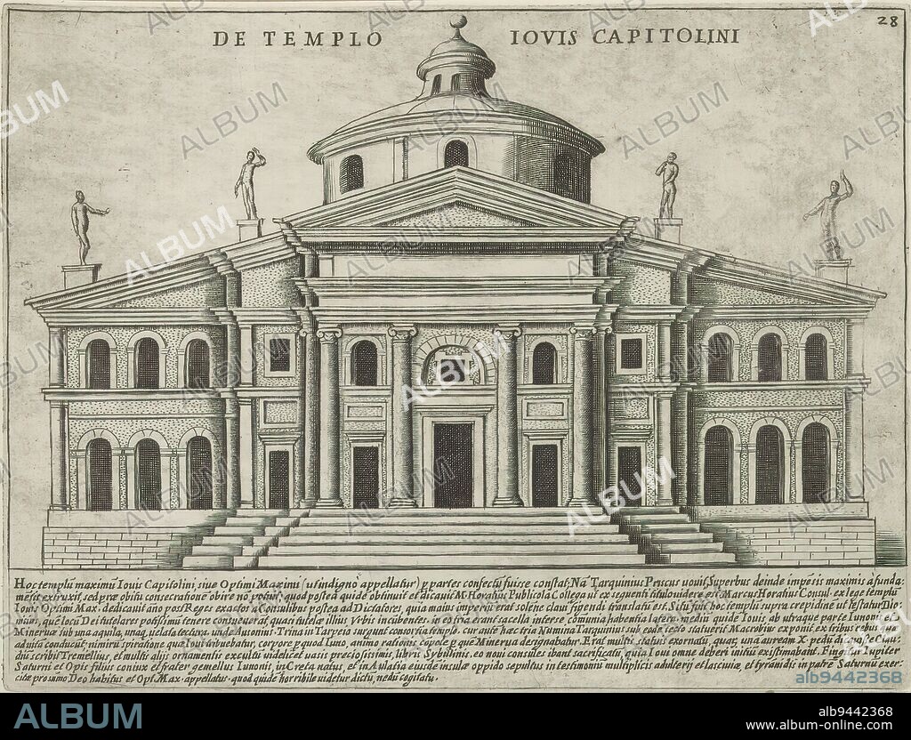 Temple of Jupiter Optimus Maximus at Rome, Templum Templo Iovis Capitolini (title on object), Antique monuments (series title), Antiquae Urbis Splendor (series title), View of the Temple of Jupiter Optimus Maximus at Rome. Text in Latin in lower margin. Numbered upper right: 28. The print is part of an album., print maker: Giacomo Lauro, printer: Giacomo Mascardi, print maker: Italy, printer: Rome, in or after 1637, paper, etching, height 177 mm × width 235 mm.