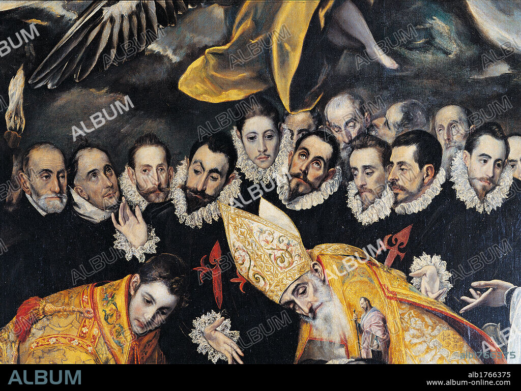 Christ in Piet Between Saints Christopher and Anthony the Abbot, by Domenico Theotokpulos known as El Greco, 1586, 16th Century, oil on canvas,. Spain, Castiglia Mancia, Toledo, Santo Tom Church. Detail. St Augustine St Sebastian Spanish noblemen bishop men gorget black yellow.