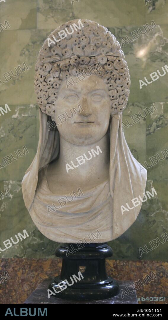 Portrait of Domitia Longina, wife of the Roman Emperor Domitian, first half of 2nd century. The youngest daughter of the general and consul Gnaeus Domitius Corbulo, Domitia Longina (c53-c130) married Domitian in 71 after divorcing her first husband, Lucius Aelius Lamia. She was Empress until her husband's assassination in 96. Found in the collection of The Hermitage, St Petersburg.