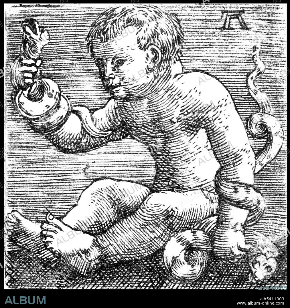 Entitled: Young Hercules Killing the Snakes. A major factor in the well-known tragedies surrounding Heracles (Hercules) is the hatred that the goddess Hera, wife of Zeus, had for him. Heracles was the son of the affair Zeus had with the mortal woman Alcmene. The child was originally given the name Alcides by his parents, it was only later that he became known as Heracles. He was renamed Heracles in an unsuccessful attempt to mollify Hera. He and his twin were just eight months old when Hera sent two giant snakes into the children's chamber. Iphicles cried from fear, but his brother grabbed a snake in each hand and strangled them. He was found by his nurse playing with them on his cot as if they were toys. Astonished, Amphitryon sent for the seer Tiresias, who prophesied an unusual future for the boy, saying he would vanquish numerous monsters. Engraving by Albrecht Altdorfer, 16th Century.
