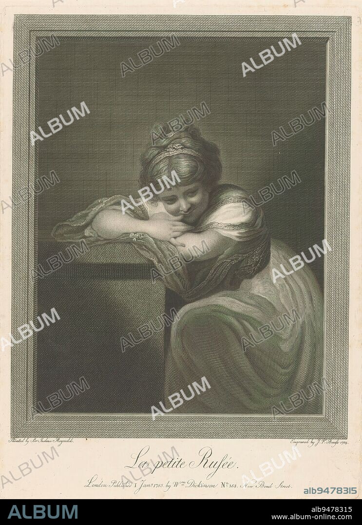 Young girl leaning on a stone table, La petite Rusée (title on object), print maker: Johann Friedrich Bause, (mentioned on object), after painting by: Joshua Reynolds, (mentioned on object), publisher: William Dickinson, (mentioned on object), print maker: Leipzig, publisher: London, 1785, paper, engraving, etching, height 391 mm × width 285 mm.