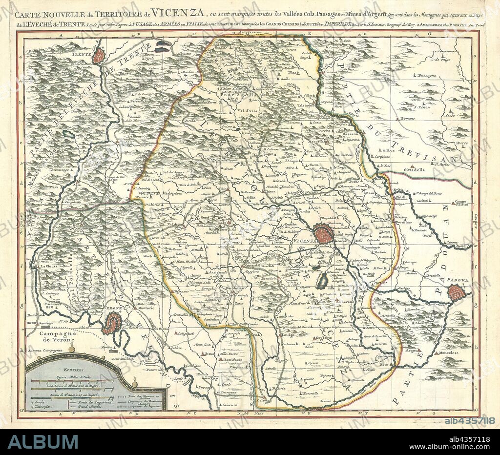 Map, Carte nouvelle du territoire de Vicenza, où sont marquées toutes les vallées, cols, passages et mines d'argent, qui sont dans les montagnes qui separent ce pays de l'éveché de Trente, Guillaume Sanson (-1703), Copperplate print.