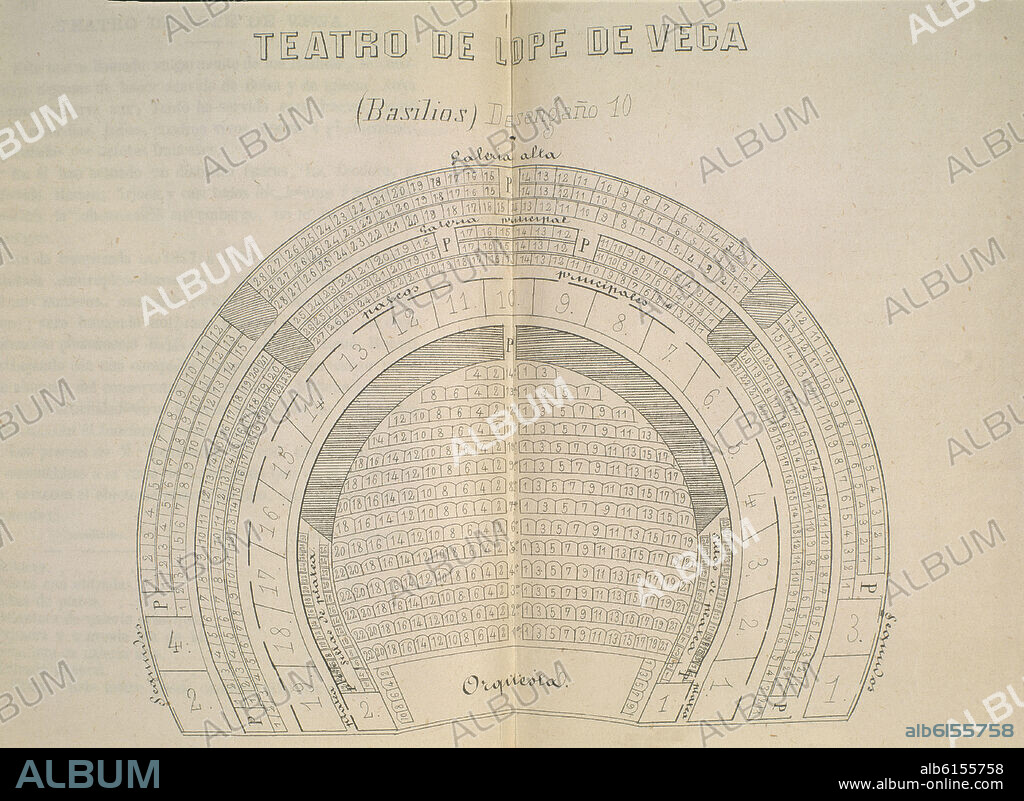LUIS GARCIA MARTIN. MANUAL DE TEATROS Y ESPECTACULOS DE MADRID (1860) PLANO DEL TEATRO LOPE DE VEGA CALLE DESENGAÑO 10.