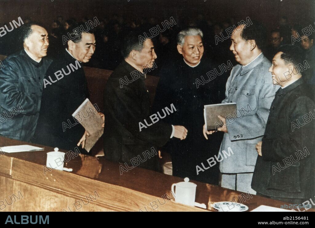 Enlarged Working Conference of the Central Committee of the Communist Party of China, 1962. Left to right: Zhu De, Zhou Enlai, Chen Yun, Liu Shaoqi, Mao Zedong, and Deng Xiaoping. (Photo by: Sovfoto/UIG via Getty Images).