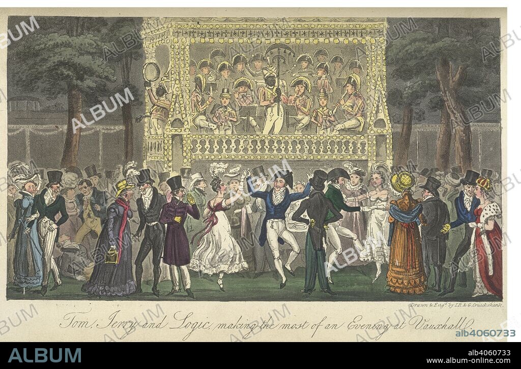PIERCE EGAN, GEORGE CRUIKSHANK y I. R CRUIKSHANK. Vauxhall Gardens. Tom and Jerry. Life in London, etc. [Edited by J. London, 1823. Tom, Jerry and Logic, making the most of an Evening at Vauxhall'.Dancing in the popular Vauxhall Gardens in Regency London.  Image taken from Tom and Jerry. Life in London, etc. [Edited by J. C. Hotten.] With illustrations by I. R. and G. Cruikshank.   Originally published/produced in London, 1823. . Source: 838.i.2, opposite 338. Language: English.