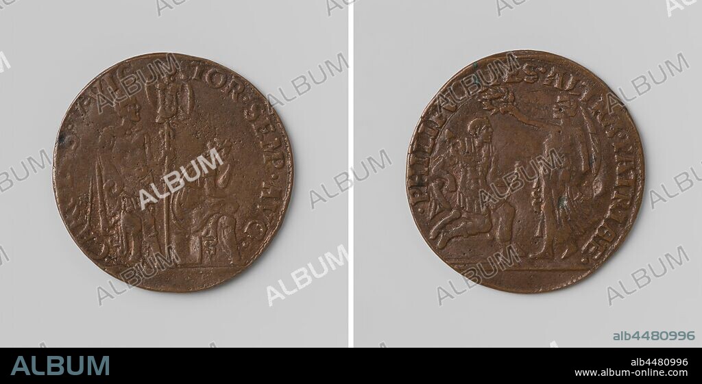 Treaty of Passau, in honor of Philip, heir to Spain, successor to Charles V as lord of the Netherlands, Copper Medal. Obverse: armored Charles V holds victory sign in left hand, in front of him weeping woman is sitting in a wrap. Reverse: standing woman, representing Victory, holding palm branch in left hand and holding a laurel wreath above Philip's head, dressed in Roman uniform, sitting on a chair with command staff in hand within the inscription, Peace of Passau, Passau, Charles V of Habsburg (German emperor and king of Spain), Philip II (king of Spain), anonymous, 1552, copper (metal), striking (metalworking), d 2.8 cm × w 5.22 gr.