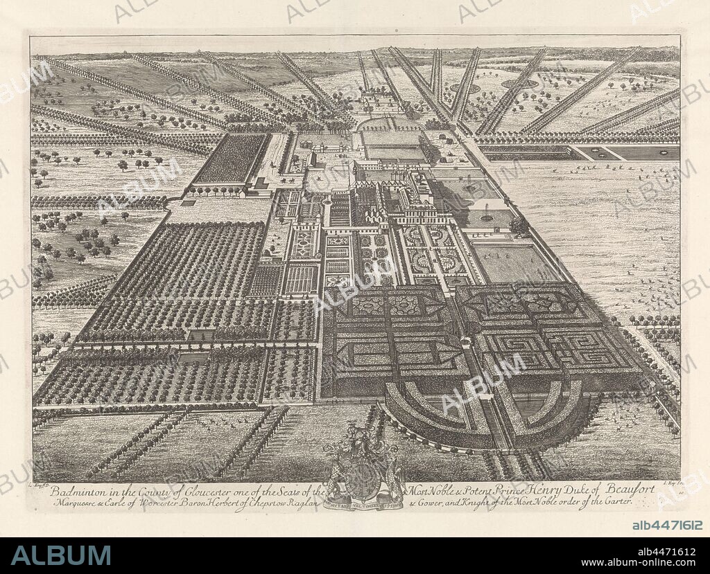 View of the Badminton Estate Badminton in the Country of Gloucester one of the Seats of the Most Noble & Potent Prince Henry Duke of Beaufort, Marquesse & Earle of Worcester (title on object) Britannia Illustrata (series title), Bird's eye view of the 'Badminton' estate of the Duke of Beaufort, with part of his gardens and farmlands in the foreground and the castle in the middle. Various figures, deer and other animals can be seen on the estate. In the margin the title and the family crest of the duke. The print is part of a series of royal castles in England, garden, castle, Gloucester, Johannes Kip (mentioned on object), 1709, paper, engraving, h 355 mm × w 485 mm.