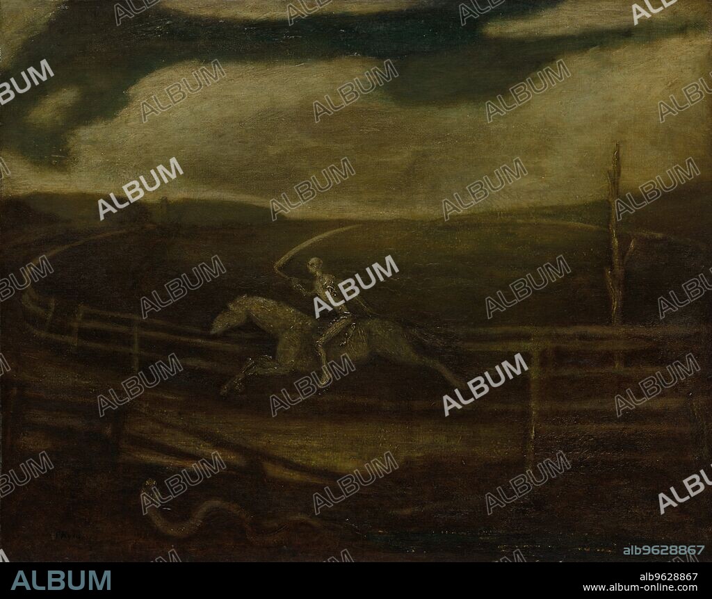 The Race Track (Death on a Pale Horse), c. 1896-1908. Ryder’s subject was inspired by a horse race that took place in New York during 1888. One of the artist’s friends wagered $500 on the race and then committed suicide after the horse lost. Medieval symbolism infuses the composition: death appears as a skeleton on horseback holding a scythe with which he cuts down the living, while a snake-a sign of temptation and evil-slithers in the foreground. An intense man, Ryder worked on the painting for several years and was deeply reluctant to part with it.