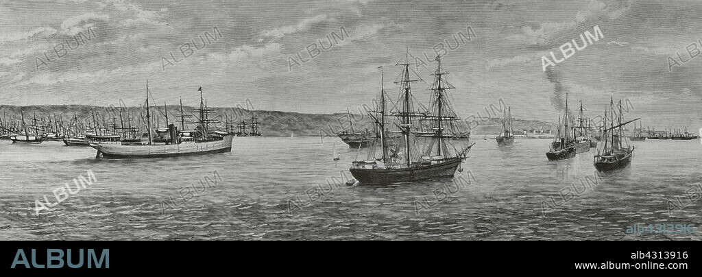 España. Islas Balerares. Menorca. Puerto de Mahón (Port of Maó). Buques anclados frente al lazareto, sufriendo la cuarentena a causa de la epidemia de cólera originada en Francia. Grabado. La Ilustración Española y Americana, 1884.