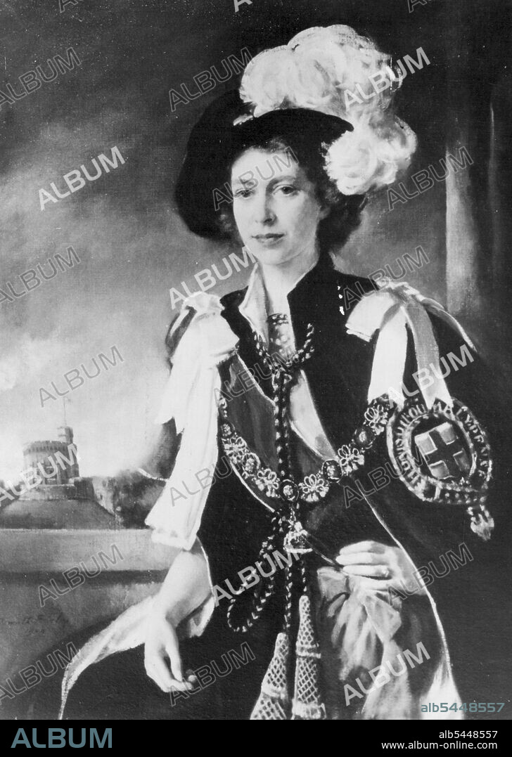 Coronation Year Exhibition Of Kings And Queens - This portrait of Queen Elizabeth, when Princess Elizabeth, is one of the paintings at an exhibition of Royal portraits, entitled Kings and Queens AD 653-1953, opening at the Royal Academy tomorrow until June 28th. Lent by the Queen, it is by Sir Oswald Birley (1880-1952), and shows the Queen in Garter robes with a view of Windsor behind. March 11, 1953. (Photo by Planet News).