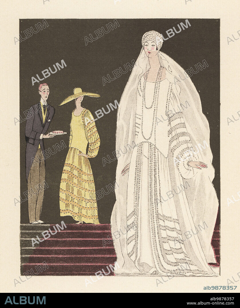 Wedding dress by Jeanne Lanvin, 1924. Bride in white gown and turban decorated with pearls, long gauze veil. Hymenee, Jeanne Lanvin. From La Gazette du Bon Ton, 1924. Handcoloured pochoir lithograph by Marcel Bry from Raymonde Sees Le Costume de la Revolution a nos Jours, Editions de la Gazette des Beaux-Arts, Paris, 1929.