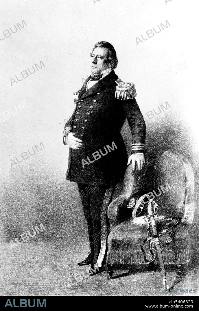 Matthew Calbraith Perry (April 10, 1794 - March 4, 1858) was a Commodore of the US Navy who commanded ships in several wars, including the War of 1812 and the Mexican-American War (1846–1848). He played a leading role in the opening of Japan to the West with the Convention of Kanagawa in 1854. Perry was interested in the education of naval officers, and assisted in the development of an apprentice system that helped establish the curriculum at the United States Naval Academy. He organized America's first corps of naval engineers, and conducted the first U.S. naval gunnery school. (cropped and cleaned).