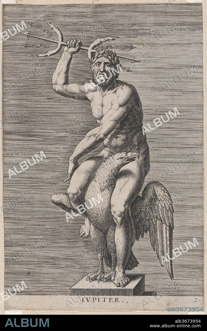 Plate 2: Jupiter; statue of the nude god seated on an eagle, holding a double trident; from 'Statues of Roman Gods' after Jacques Jonghelinck. Artist: Philips Galle (Netherlandish, Haarlem 1537-1612 Antwerp); After Jacques Jonghelinck (Netherlandish, Antwerp 1530-1606 Antwerp). Dimensions: Sheet (Trimmed): 9 13/16 × 6 3/8 in. (25 × 16.2 cm). Publisher: Philips Galle (Netherlandish, Haarlem 1537-1612 Antwerp). Date: 1586.
One of eight numbered plates from the series 'Statues of Roman Gods', after Jacques Jonghelinck. The plates illustrate Bacchus and the seven planetary gods and was originally displayed in the town hall of Antwerp. The series was published by Philips Galle in 1585 in Antwerp and again in 1586.