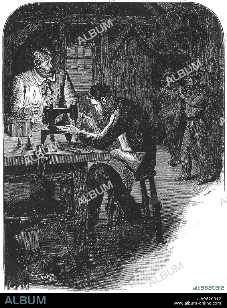 Invention of the Singer sewing machine, 1850 (1880). American inventor Isaac Merrit Singer (1811-1875) adjusting the tension on his sewing machine in a last desperate attempt to make it work in August or September 1850. Singer is assisted by a friend, George Zieber, who holds a candle, The machine was patented in 1851 and became highly popular. From Genius Rewarded or the Story of the Sewing Machine. (New York, 1880).