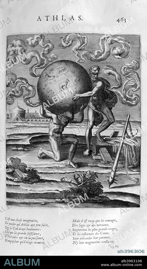 'Atlas', 1615. In Greek mythology, Atlas was one of the primordial Titans. A plate from Les Images Ou Tableaux De Platte Peinture Des Deux Philostrates Sophistes Grecs, by Blaise de Vigenère, Paris, 1615. Found in the collection of Jean Claude Carriere.