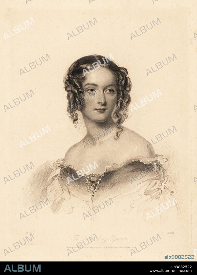 Lady Grey Egerton, possibly Mary Anne Elizabeth Egerton, only daughter of Sir Philip Grey Egerton, 9th Baronet. Hair in ringlets, wearing off-the-shoulder dress with lace and ribbons. Steel engraving by H. Hall after an illustration by John Hayter from Charles Heaths English Pearls, or Portraits for the Boudoir, Tilt and Bogue, London, 1843.
