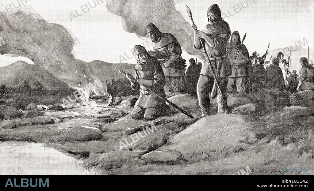 The Goths preparing the invasion into Thrace in 250 AD under their king Cniva, before The Battle of Abritus.  From Hutchinson's History of the Nations, published 1915.