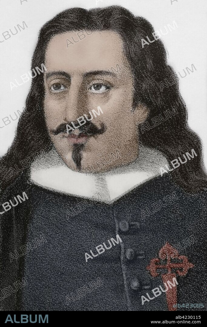 Diego de Saavedra Fajardo (1584-1648). Escritor y diplomático español. Dibujo por Llanta, detalle. Litografía. Coloreada. Crónica General de España, Historia Ilustrada y Descriptiva de sus Provincias. Región de Murcia, 1870. Biblioteca Histórico Militar de Barcelona, Cataluña, España.