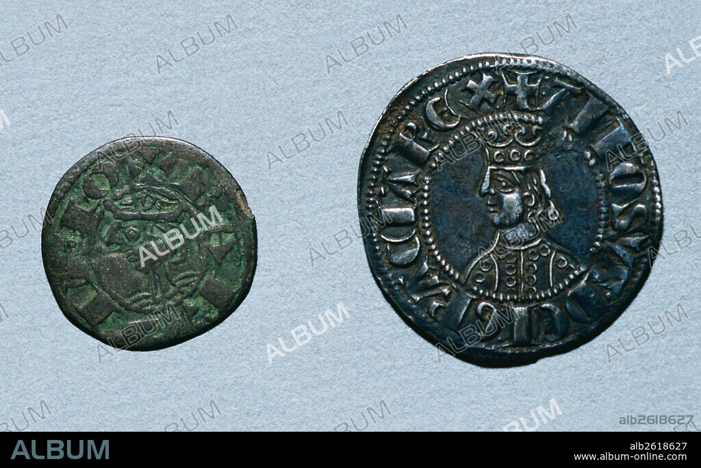 JAIME I "el Conquistador" (Montpellier, 1208-Valencia, 1276). Conde de Barcelona y rey de Aragón (1213-1276), de Valencia (1239-1276) y de Mallorca (1229-1276). Izquierda: "DINER DE TERN". Acuñada en Barcelona. Anverso. ALFONSO III de Aragón, II de Cataluña "el Liberal". (Valencia, 1265-Barcelona, 1291). Derecha: "CROAT", acuñado en Barcelona. Reverso. Instituto Municipal de Historia de Barcelona. (Numismática). Cataluña.