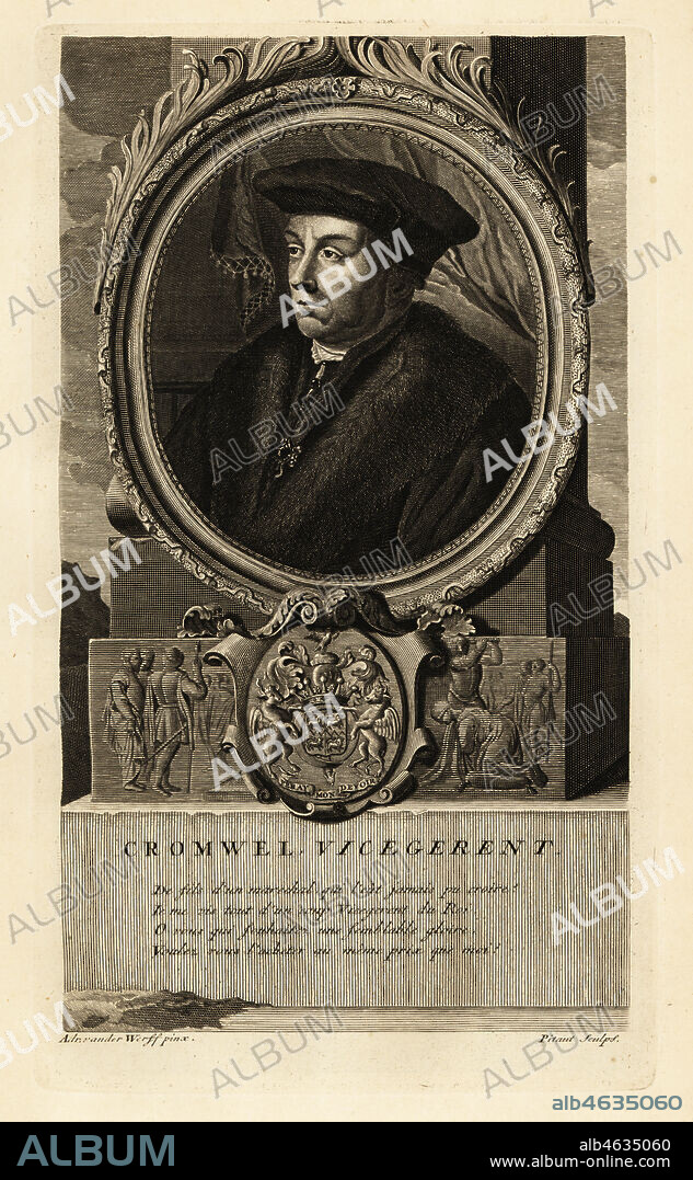 Portrait of Thomas Cromwell, 1st Earl of Essex, English lawyer and statesman to King Henry VIII. With coat of arms and vignette of execution by beheading. Cromwell Vice Regent. Copperplate engraving by Nicholas Pitaut after Adriaen van der Werff from Isaac de Larreys Histoire dAngleterre, dEcosse et dIrlande, Reinier Leers, Rotterdam, 1713.