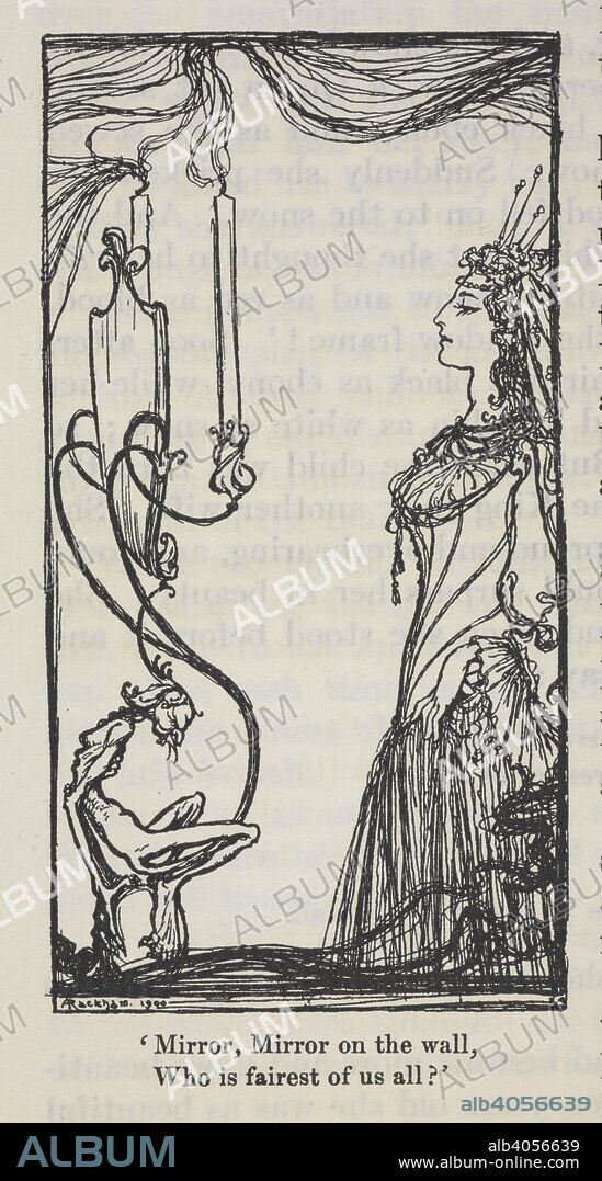 JACOB LUDWIG CARL GRIMM. Mirror, mirror on the wall, who is fairest of us all?' Snow White's evil stepmother gazing into her magic mirror. . The Fairy Tales of the Brothers Grimm. Illustrated by Arthur Rackham. Translated by Mrs. Edgar Lucas. L.P. London : Constable & Co., 1909. Source: KTC.42.b.10 page 162.